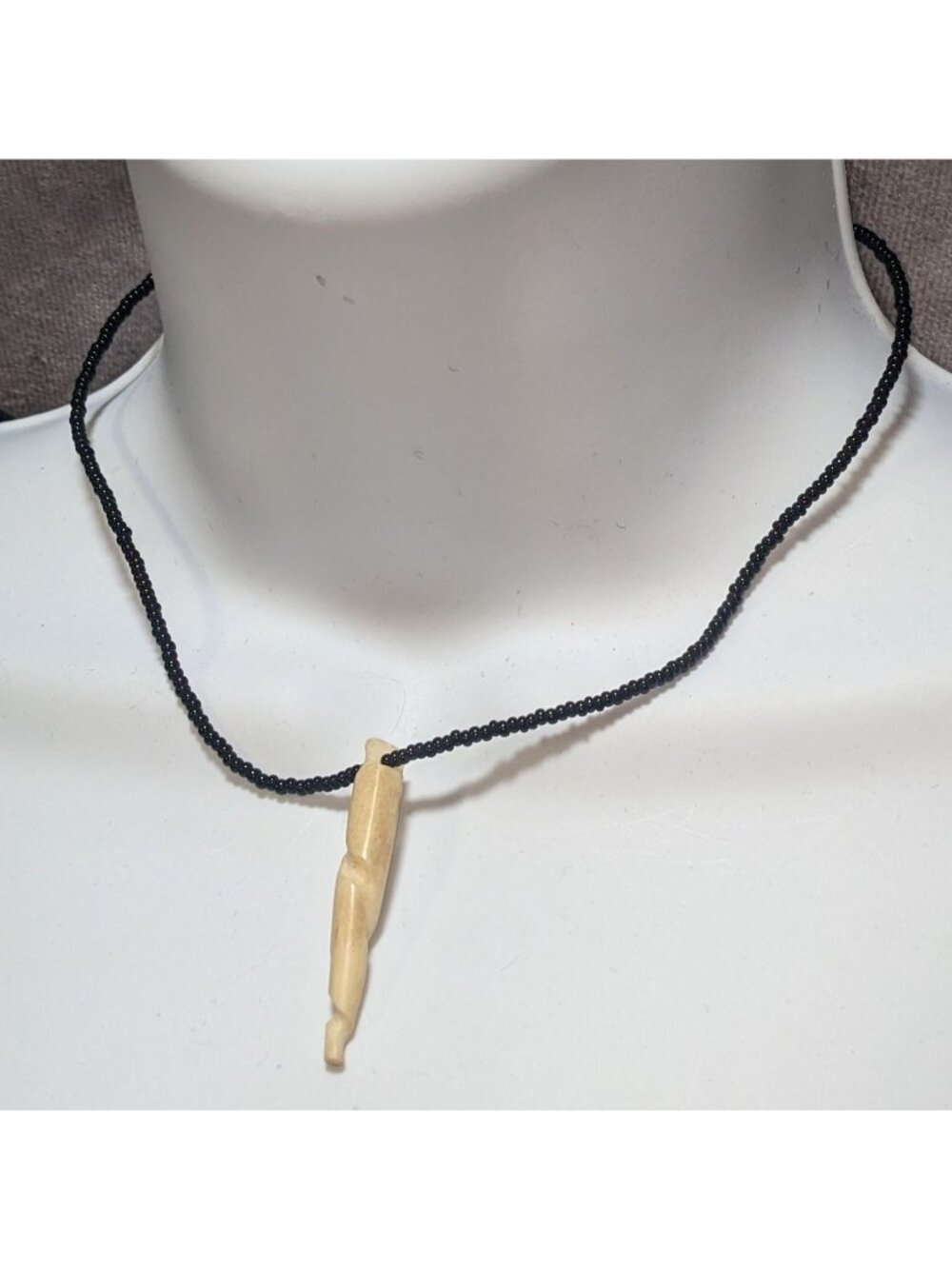 Vintage Black Glass Beaded Necklace with Spiral Bone Pendant